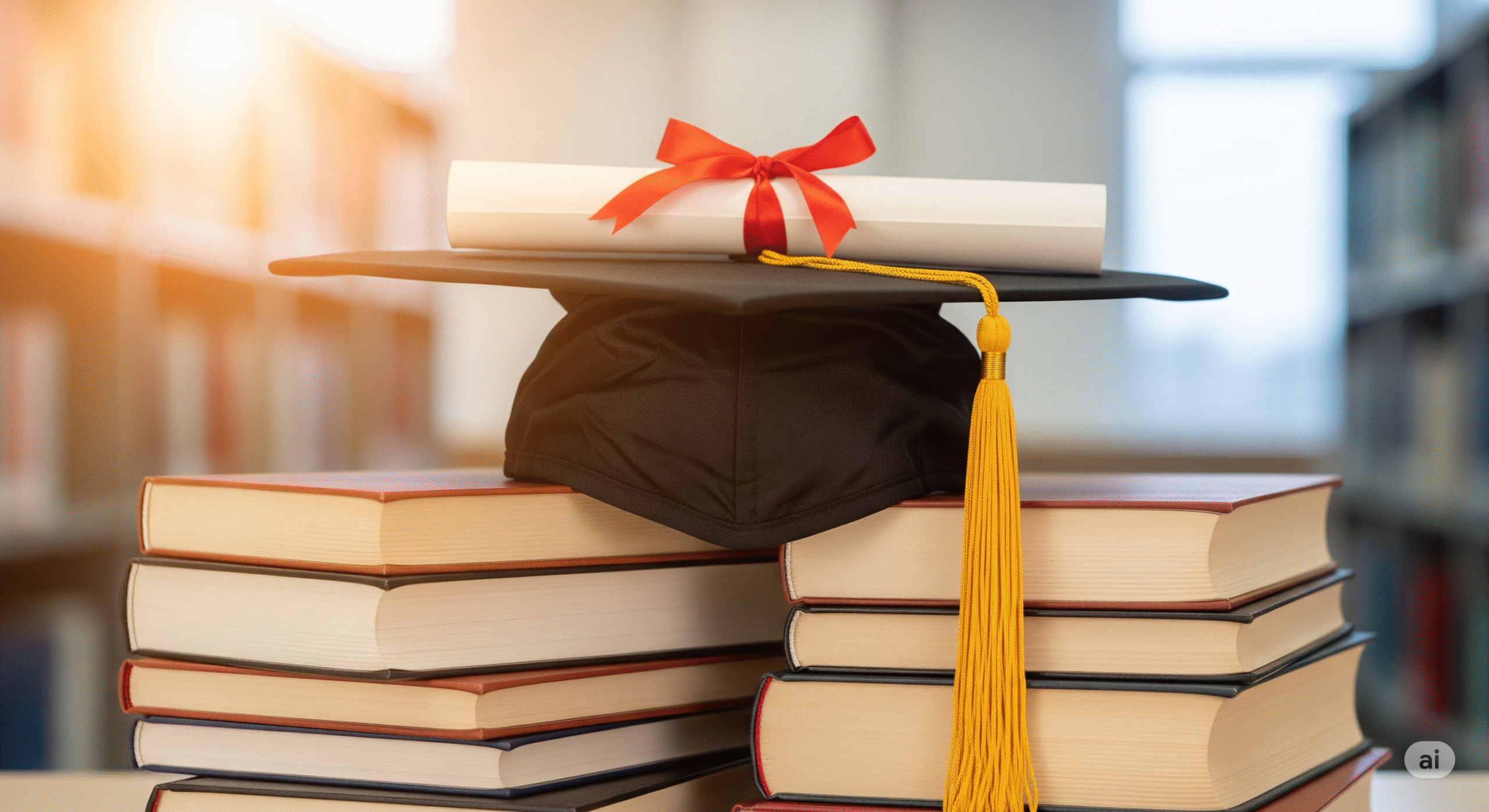 A graduation cap and a diploma with a red ribbon sit on top of a stack of books, symbolizing a secure future for a child's education funded by life insurance.