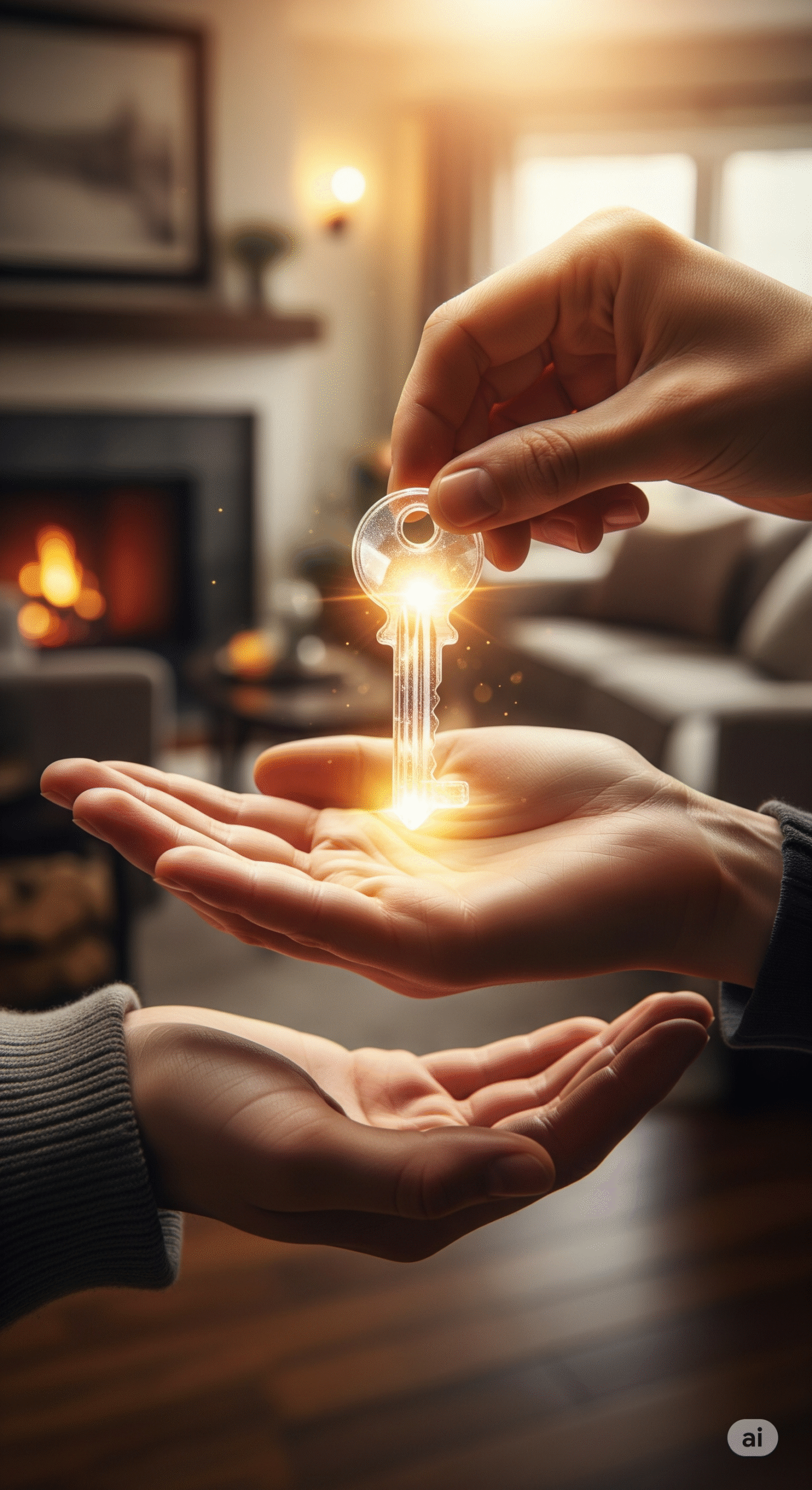 A close-up of a transparent, glowing key being passed from one hand to another, symbolizing the clarity and security that life insurance provides. The background is a warm and inviting home, representing the protected future that a good life insurance plan can offer.
