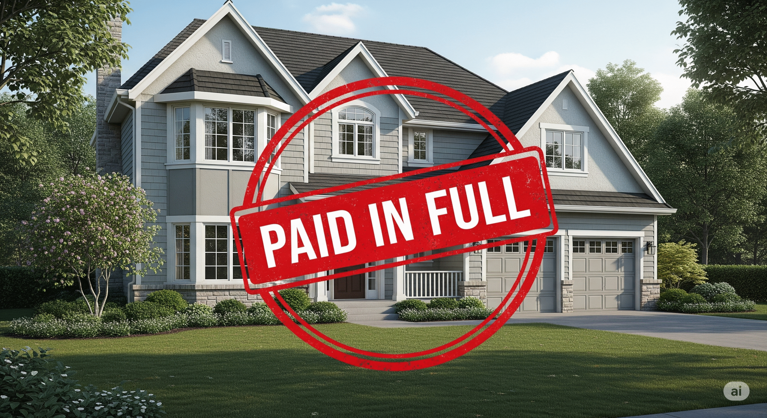 A beautiful family home in a suburban neighborhood with a large red stamp over it that reads 'Paid in Full', symbolizing how life insurance can pay off a mortgage.