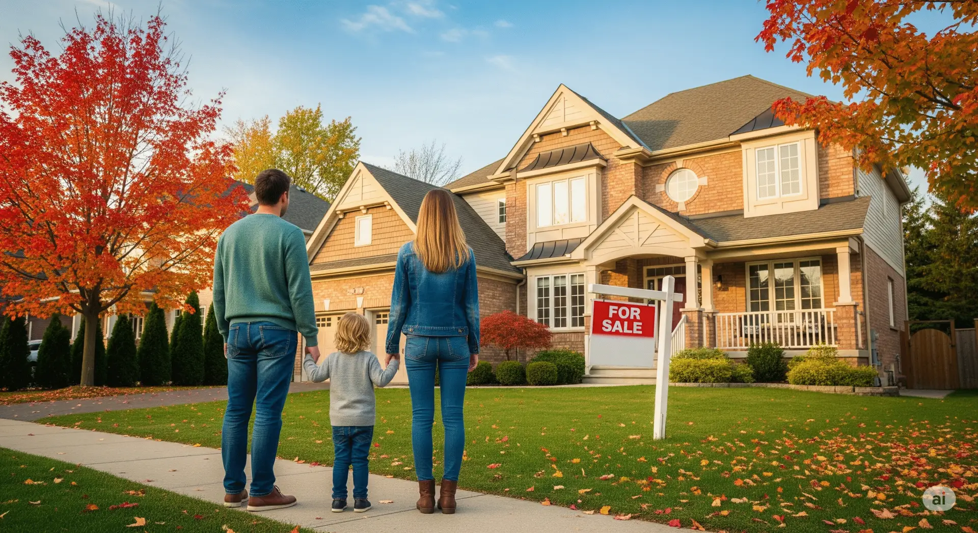 A young family with a child looks hopefully at a beautiful suburban Canadian house with a 'For Sale' sign on the lawn, representing the dream of homeownership and the importance of financial planning with life insurance