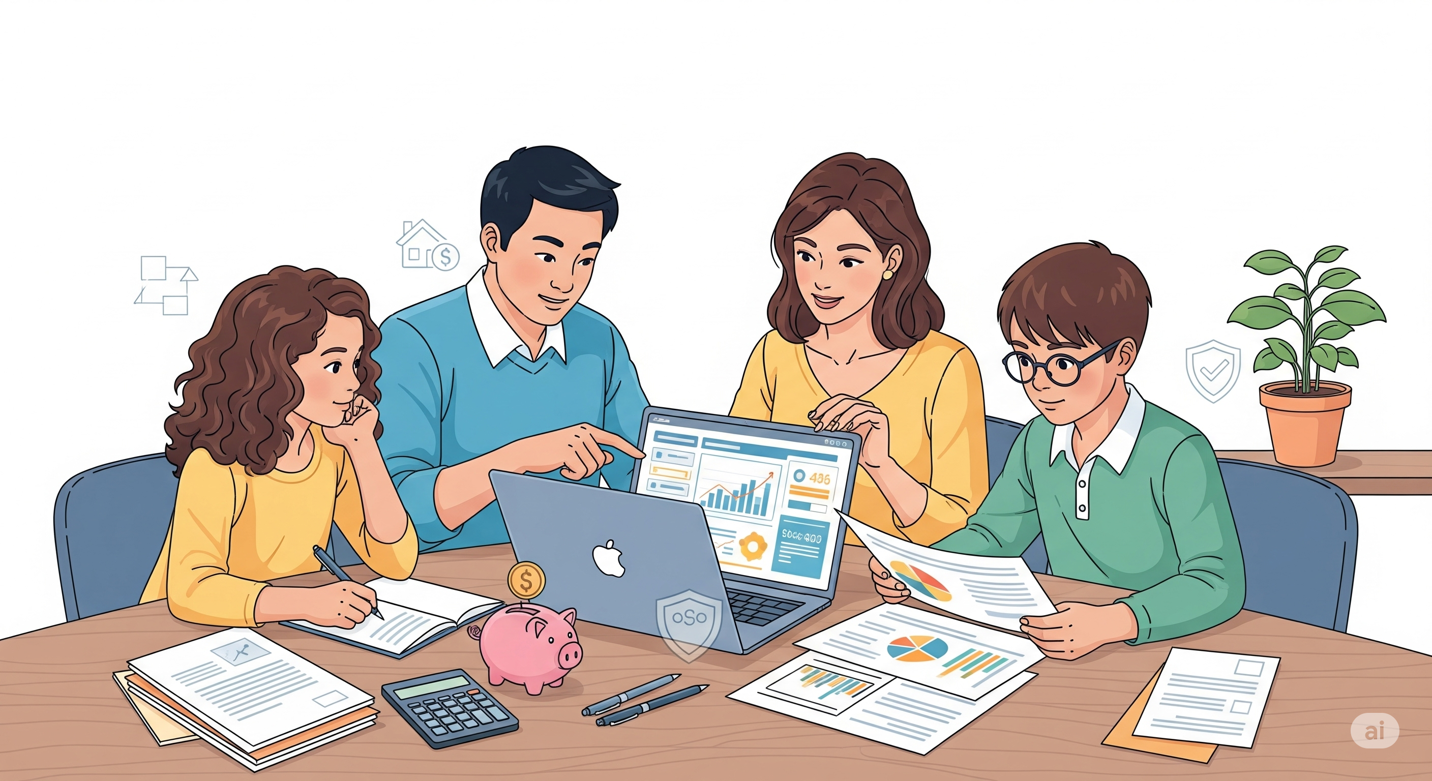 A modern vector illustration of a diverse family of four sitting at a table and collaboratively working on their financial plan. The parents and two children are gathered around a laptop displaying charts and graphs, with documents, a calculator, and a piggy bank on the table, symbolizing savings, investments, and family financial health.