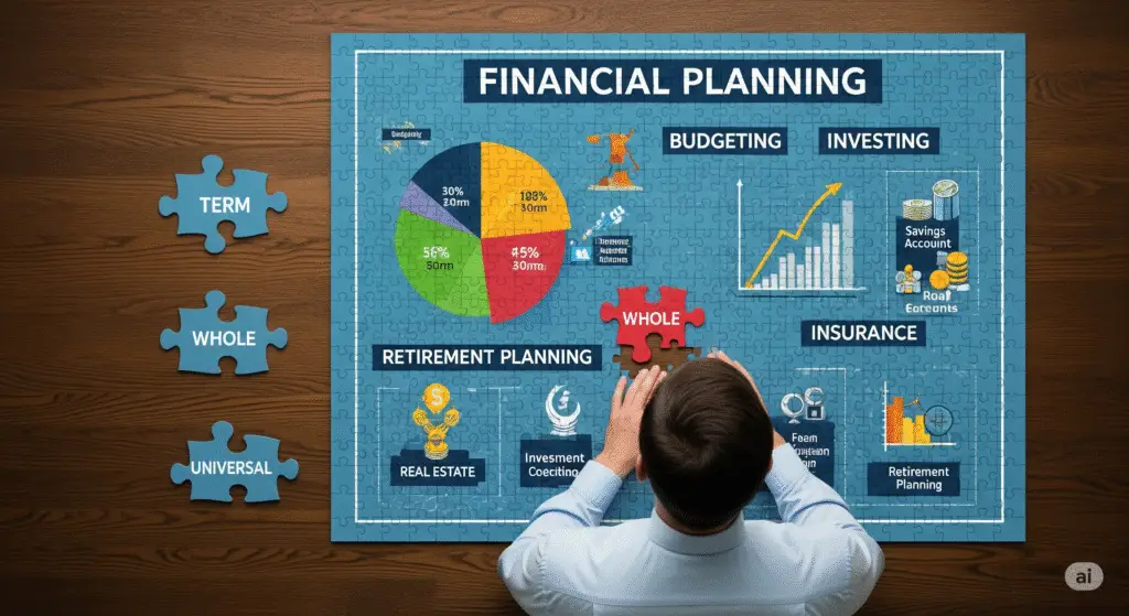 A man contemplates the final piece of a financial planning puzzle, choosing between Term, Whole, and Universal life insurance. This image illustrates the crucial role of life insurance in completing a comprehensive financial strategy