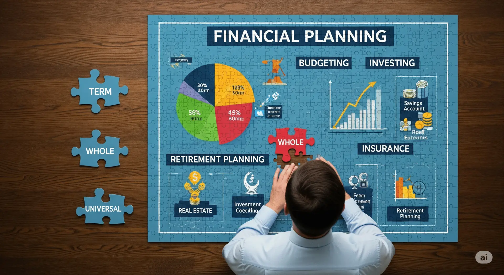 A person contemplates the final piece of a financial planning puzzle, choosing between Term, Whole, and Universal life insurance. This image illustrates the crucial role of life insurance in completing a comprehensive financial strategy