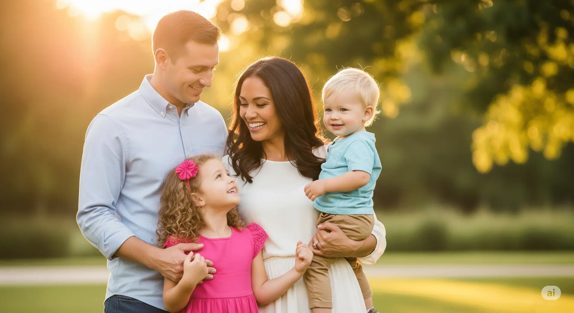 A happy family of four, with parents and two young children, smiling together in a sunlit park. This image represents the peace of mind that comes from protecting your family's lifestyle with life insurance