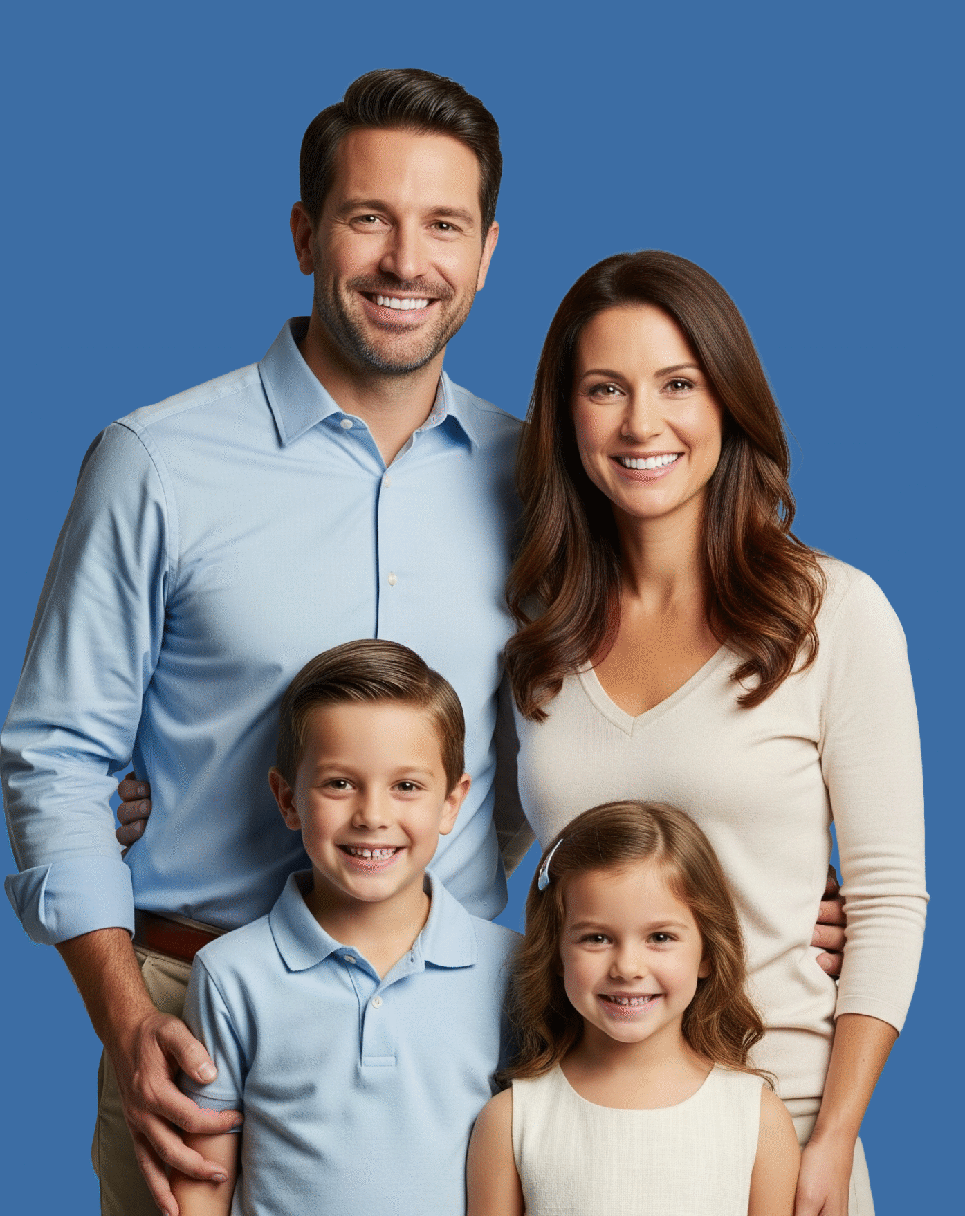 A father and mother lovingly hold their young daughter and toddler son in a sunlit park, illustrating the peace of mind that life insurance provides for families.
